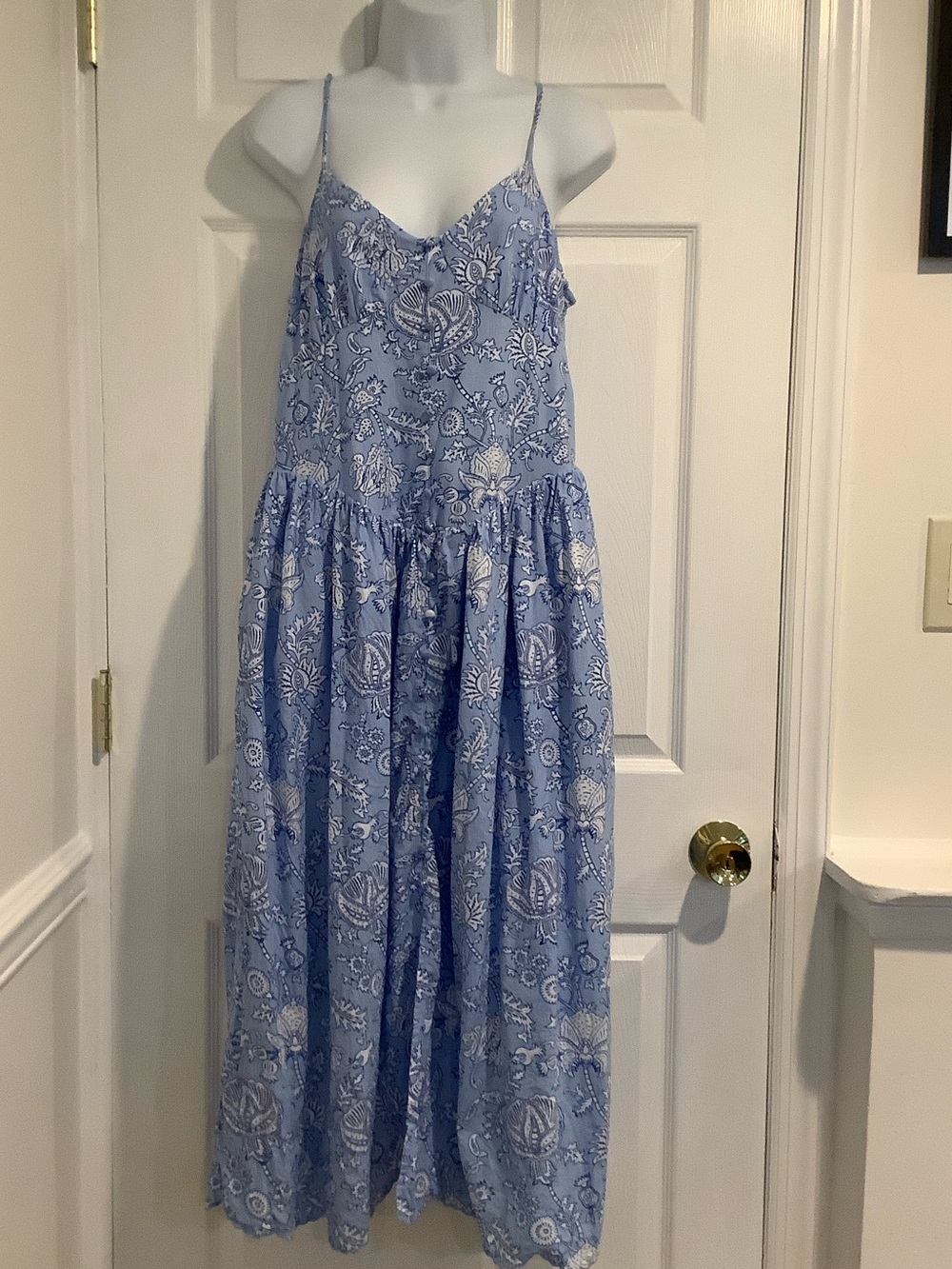 ROLLER RABBIT Blue Coastal Nautical Cottagecore Smocked Midi Napping Dress M